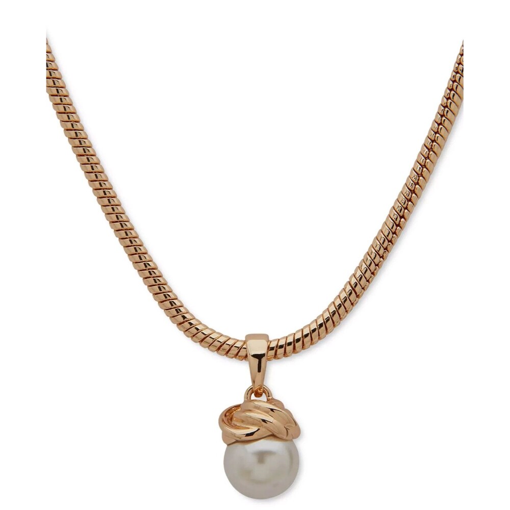 Anne Klein Gold Tone Faux Pearl Knot Pendant Snake Chain Necklace 16" + 3"